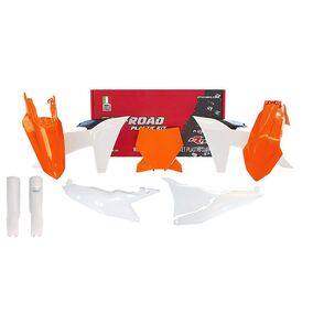 RTech KTM 125-450 SX/SXF 23-24 Orange/White Plastics Kit Incl Fork Protectors