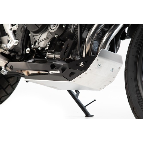 BASH PLATE SW MOTECH SILVER 4MM ALUMINUM UNDERBODY BLACK 2.5MM THICK SIDE WALLS HONDA CB500X 19-23